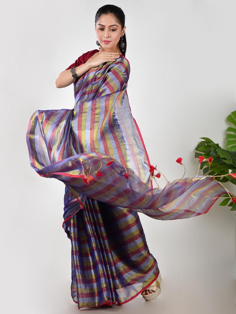 women striped printed saree with blouse - 21968622 -  Standard Image - 1