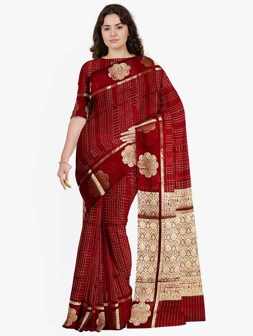 women checkered bordered saree with blouse - 21968729 -  Standard Image - 0