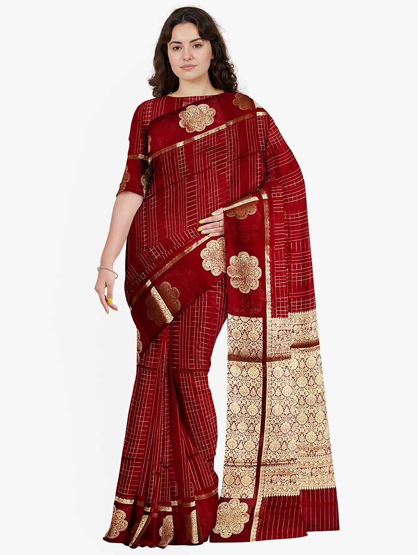 women checkered bordered saree with blouse - 21968729 -  Zoom Image - 0