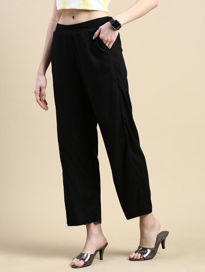 women black solid mid rise straight palazzo - 21968739 - Standard Image - 1
