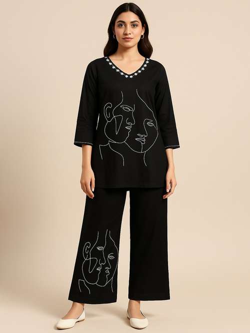women black embroidered top and palazzo co-ord set