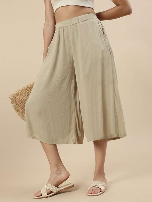 women beige solid high rise flared culotte - 21968818 - Standard Image - 0