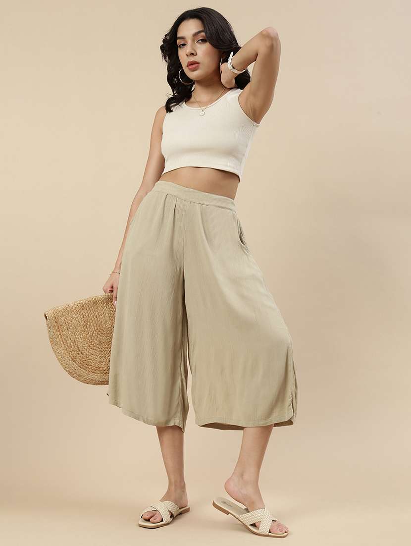 women beige solid high rise flared culotte - 21968818 - Standard Image - 4