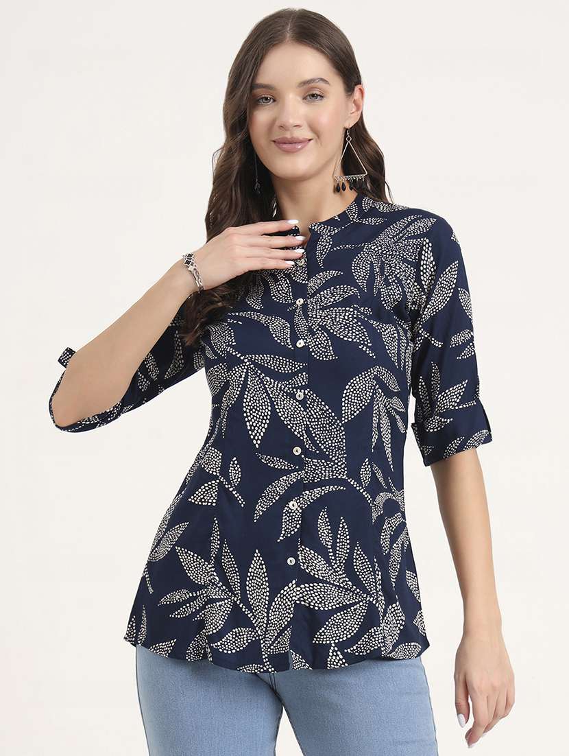 printed navy blue notch neck ethnic top - 21968820 - Standard Image - 1