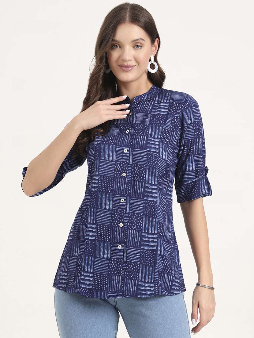 women printed mandarin neck ethnic top - 21968821 - Standard Image - 1
