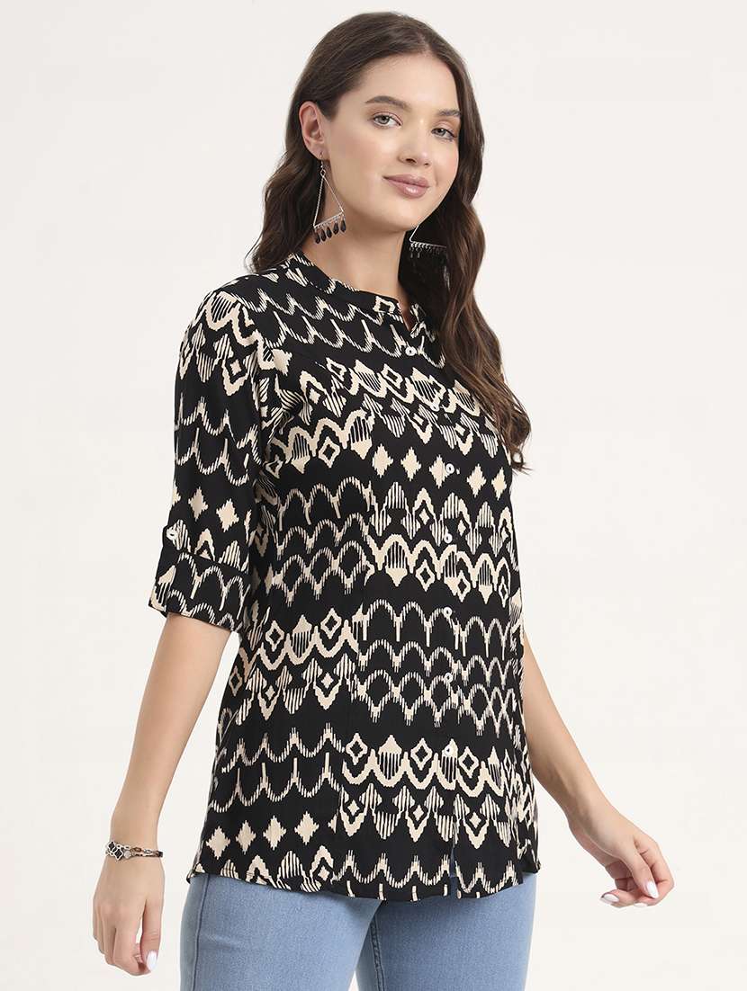 women printed mandarin neck ethnic top - 21968822 - Standard Image - 1