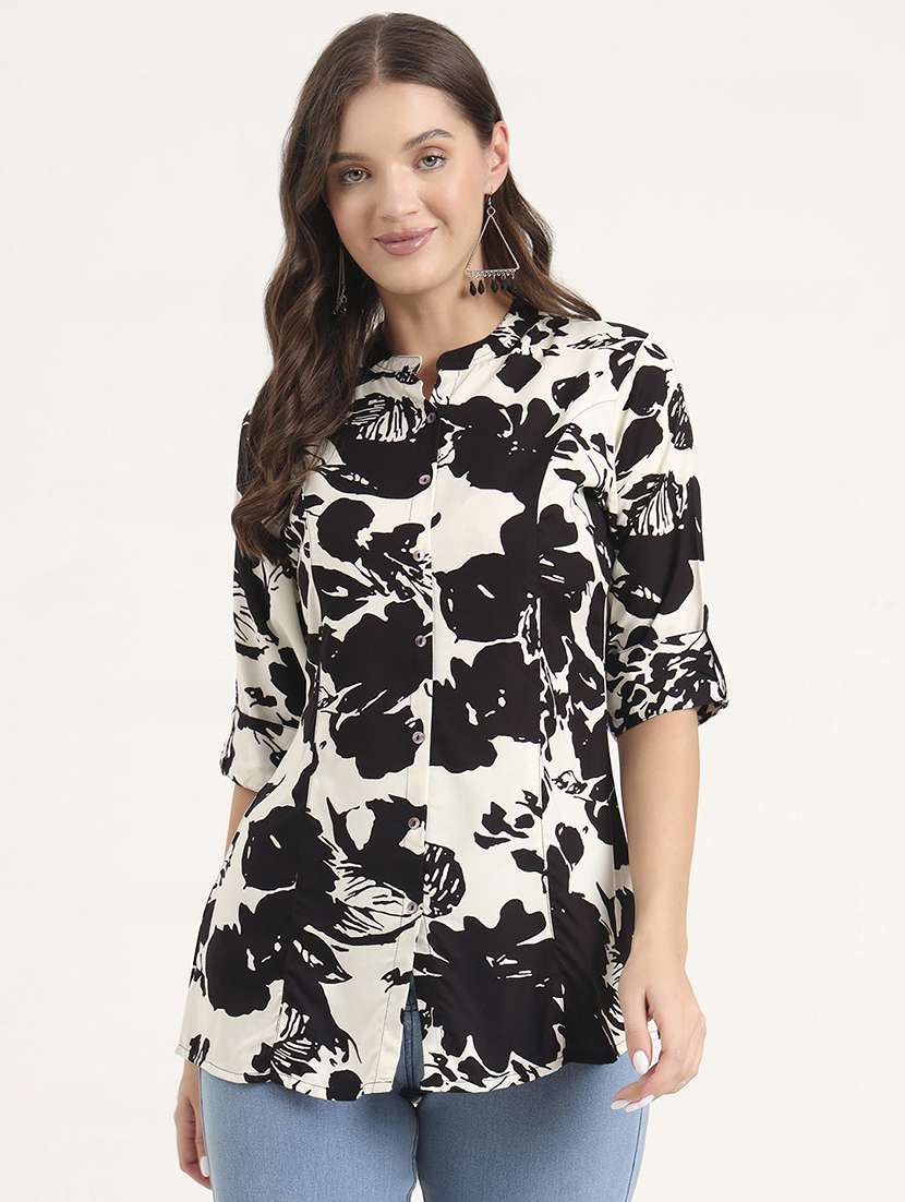 women printed mandarin neck ethnic top - 21968825 - Standard Image - 1