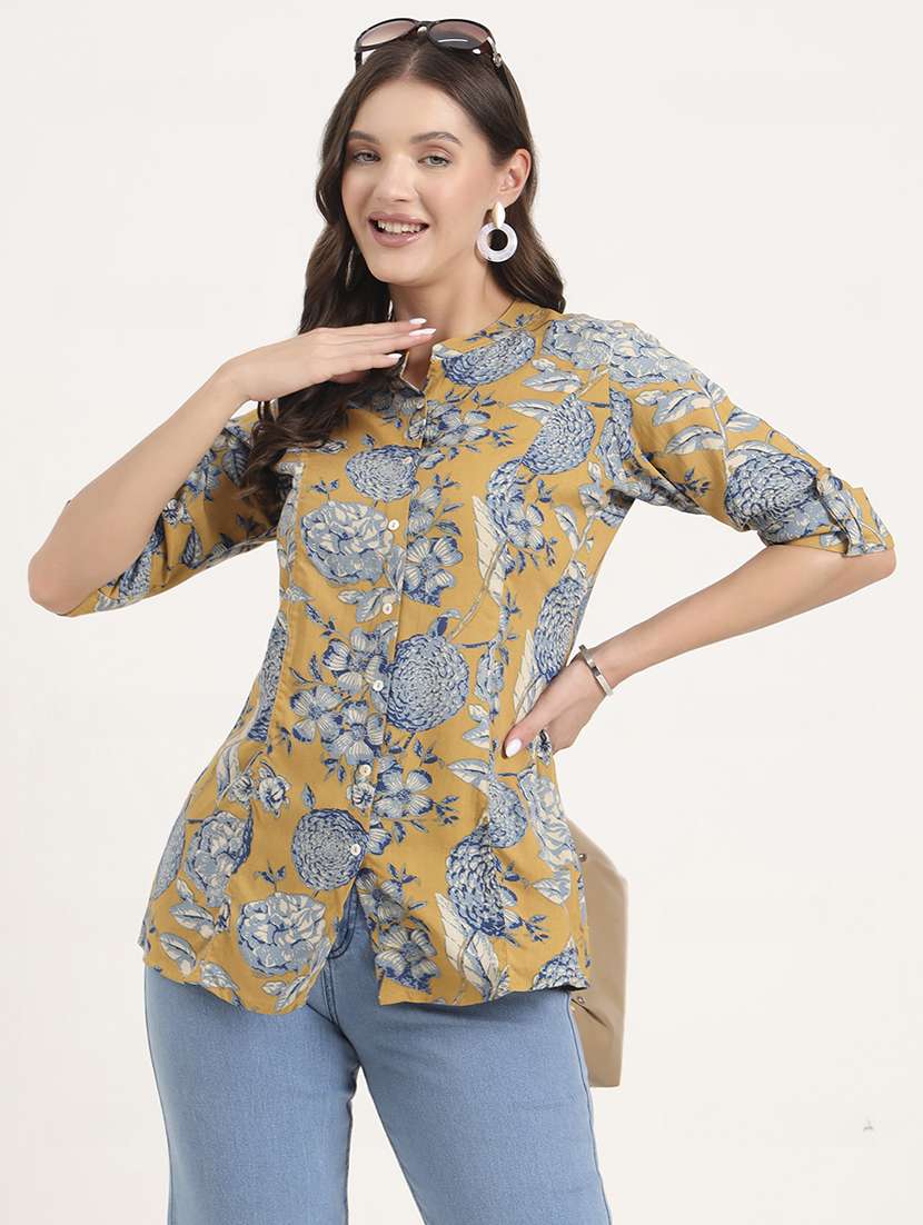 women floral print mandarin neck shirt style top