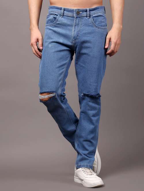 men solid slash knee mid rise slim fit jean