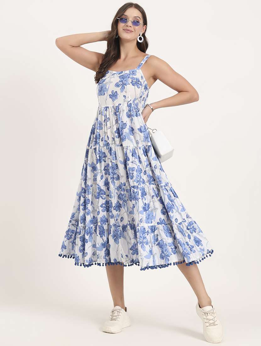 womne floral print shoulder strap tiered dress