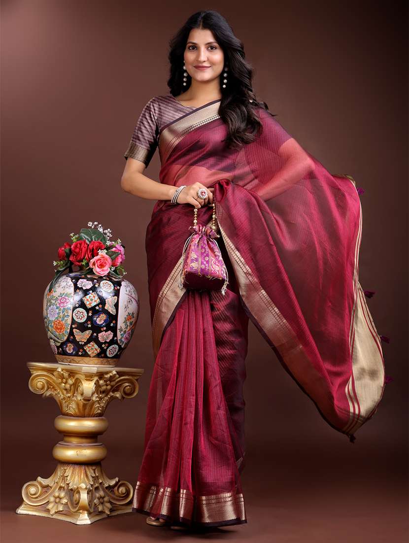 women solid with bordered saree with blouse - 21969160 -  Standard Image - 1