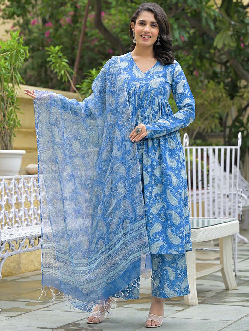 women blue long sleeve kurta pant with dupatta set