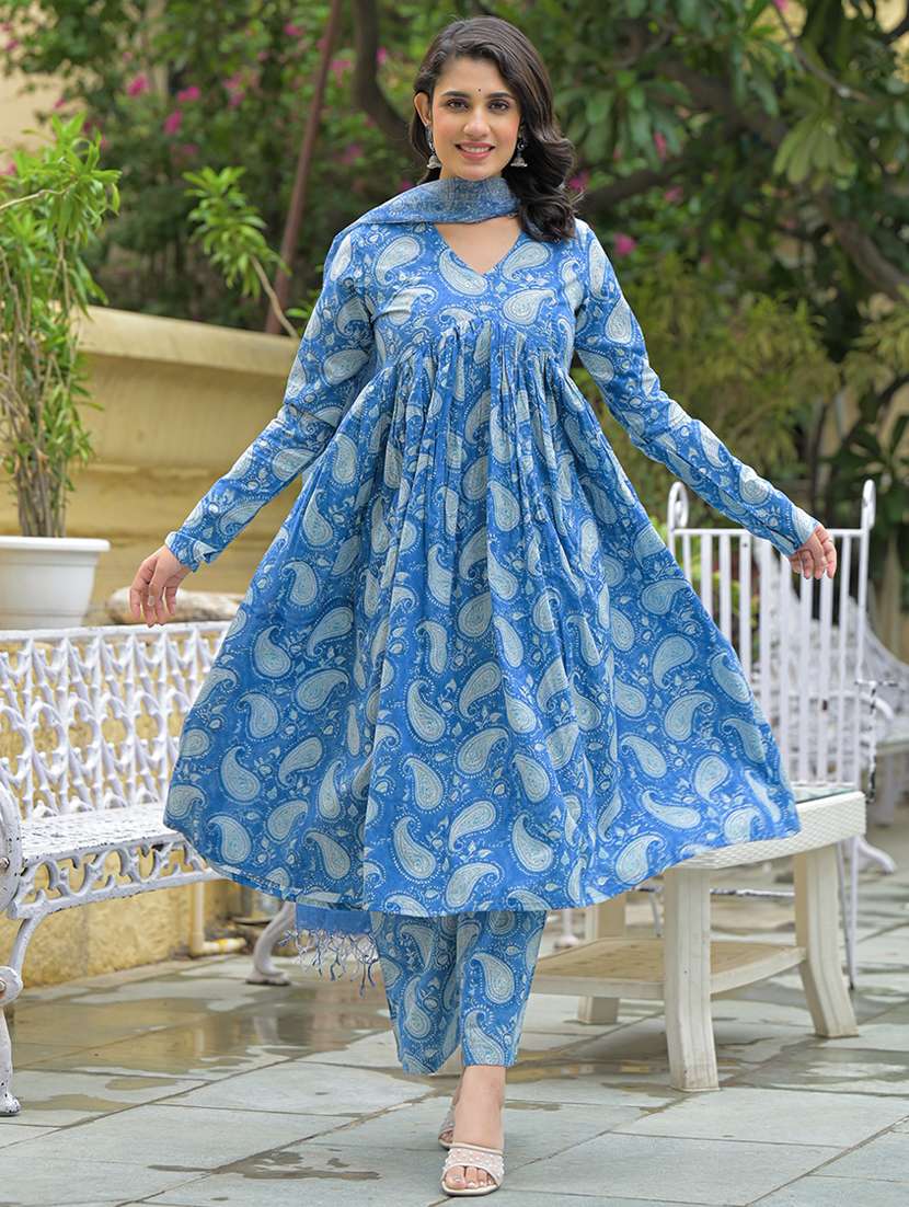women blue long sleeve kurta pant with dupatta set - 21969209 -  Standard Image - 1