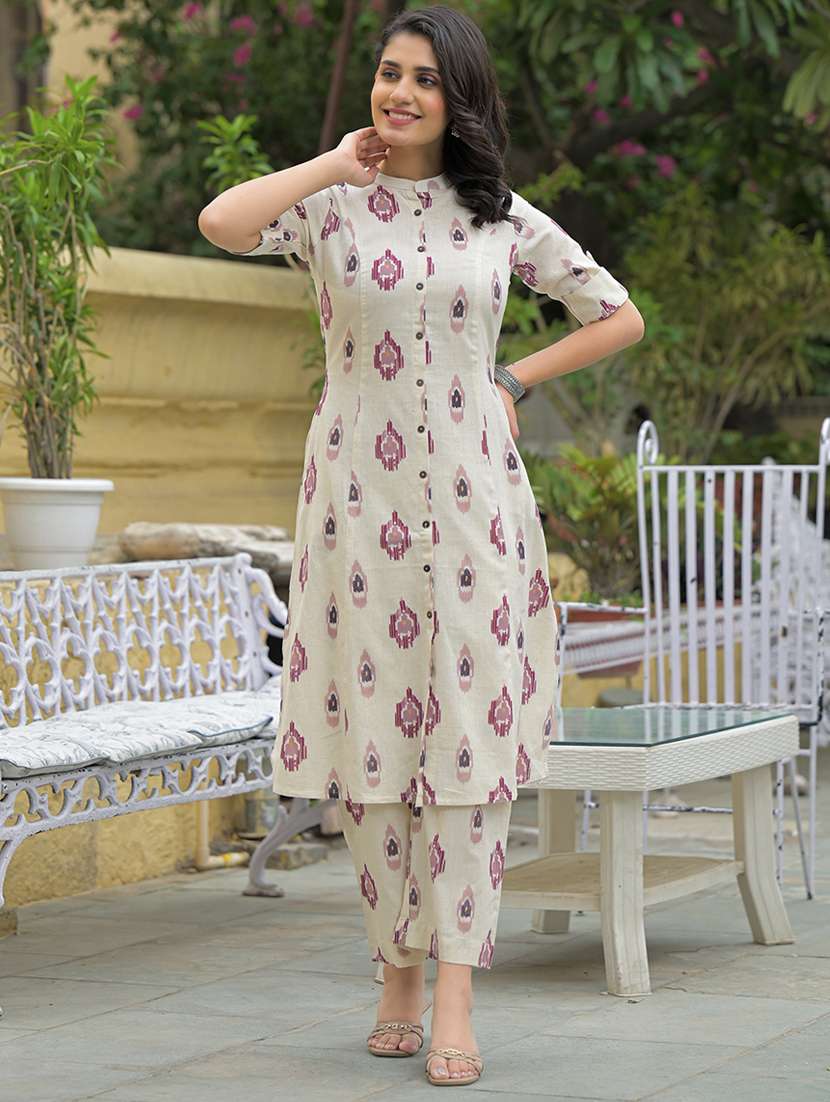 women off white roll up sleeve kurta pant set - 21969213 -  Standard Image - 1