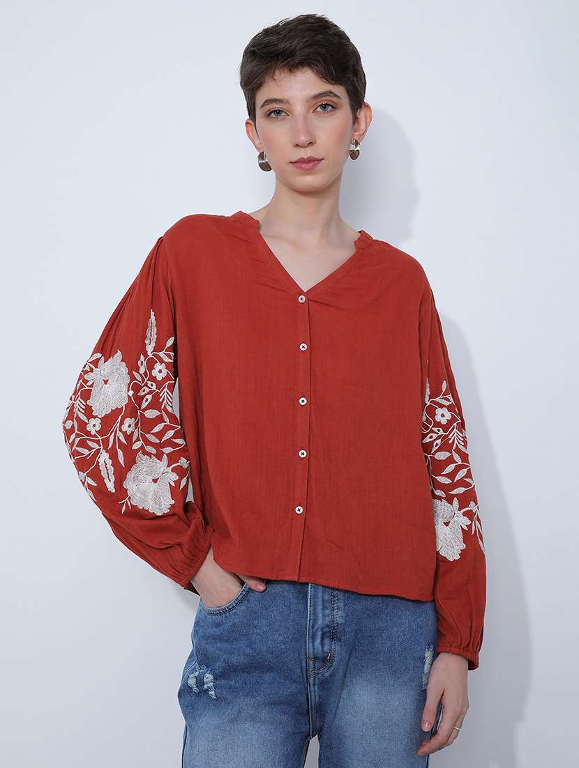 women solid with work long sleeve ethnic top - 21969503 - Standard Image - 1