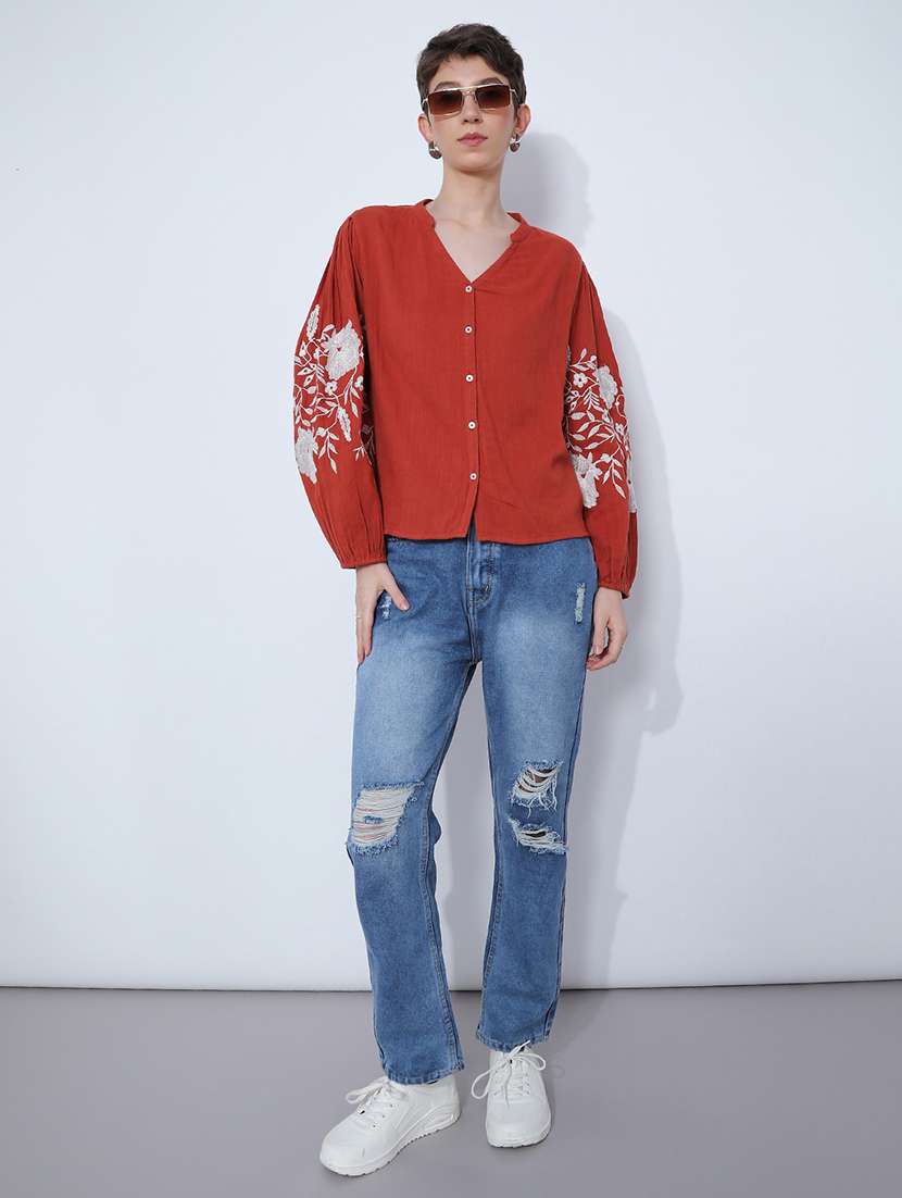 women solid with work long sleeve ethnic top - 21969503 - Standard Image - 4