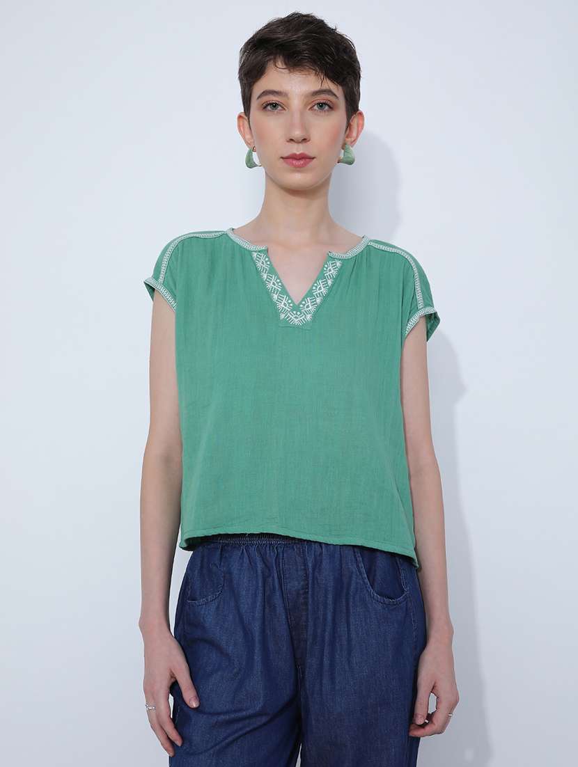 women solid short sleeve ethnic top - 21969571 - Standard Image - 1