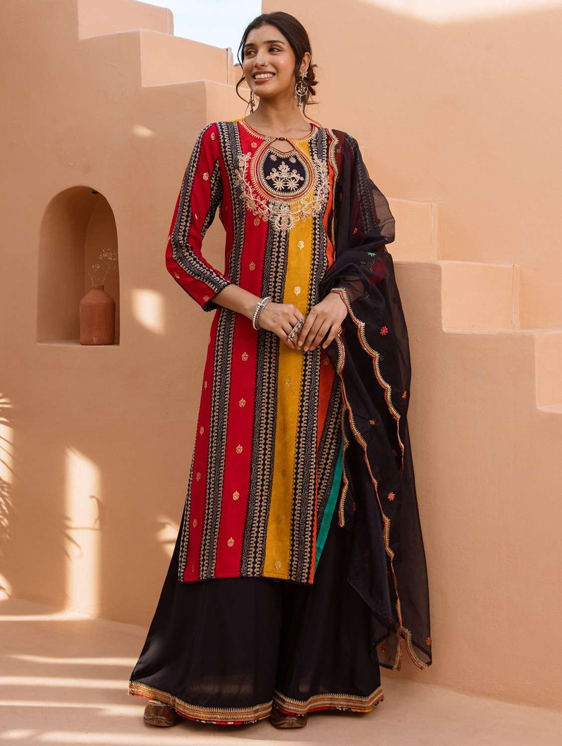 women three quarter sleeve kurta palazzo with dupatta set - 21969630 -  Standard Image - 1