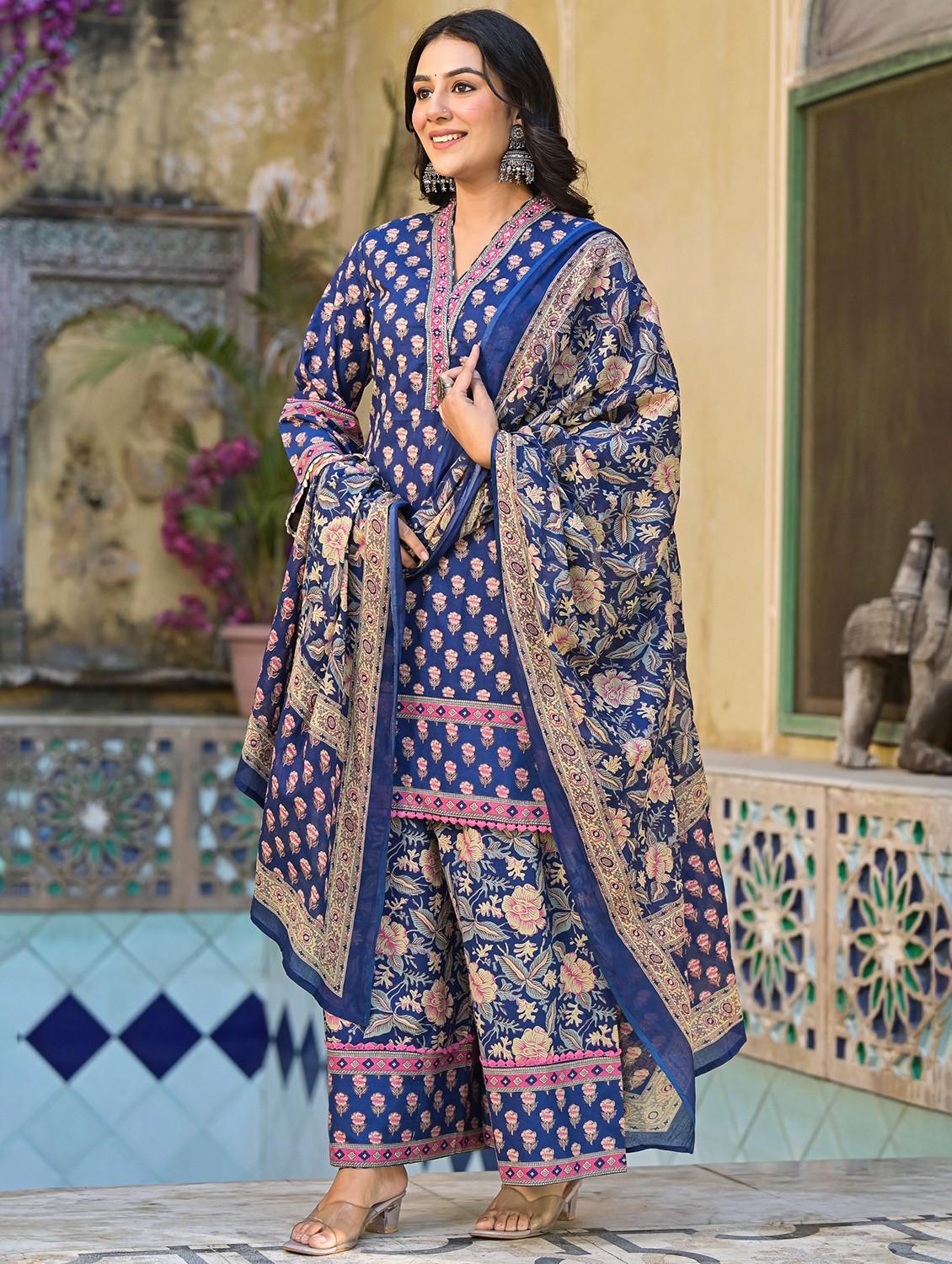 women three quarter sleeve kurta palazzo with dupatta set - 21969632 - Standard Image - 1