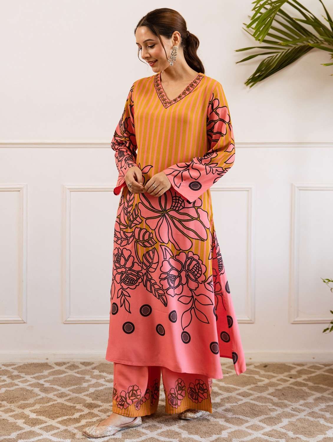 women printed long sleeve kurta palazzo set - 21969660 - Standard Image - 1