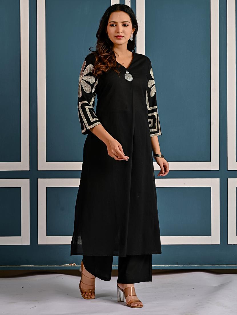 women embroidered three quarter sleeve kurta pant set - 21969665 - Standard Image - 1
