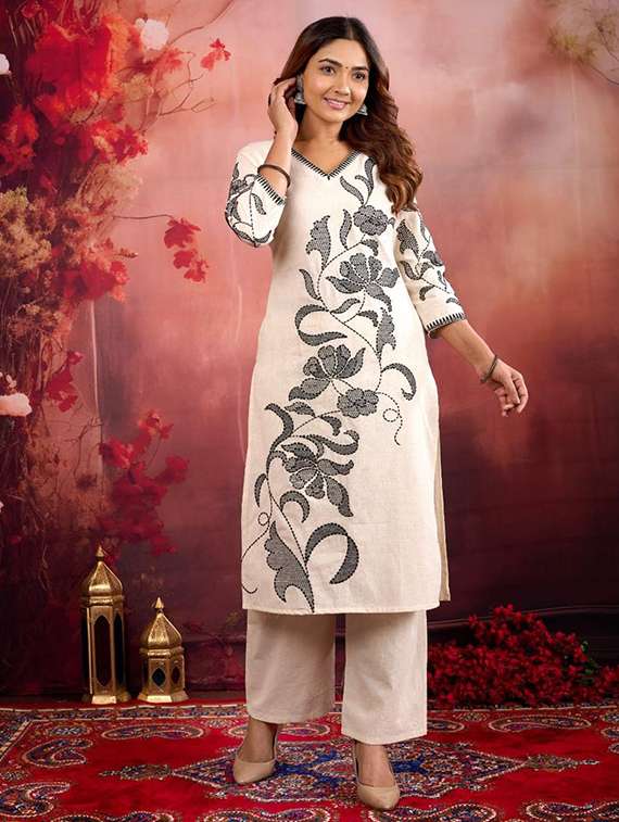 women embroidered three quarter sleeve kurta pant set - 21969667 -  Standard Image - 1