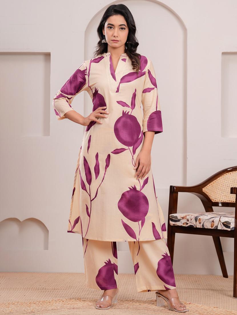 women printed three quarter sleeve kurta pant set