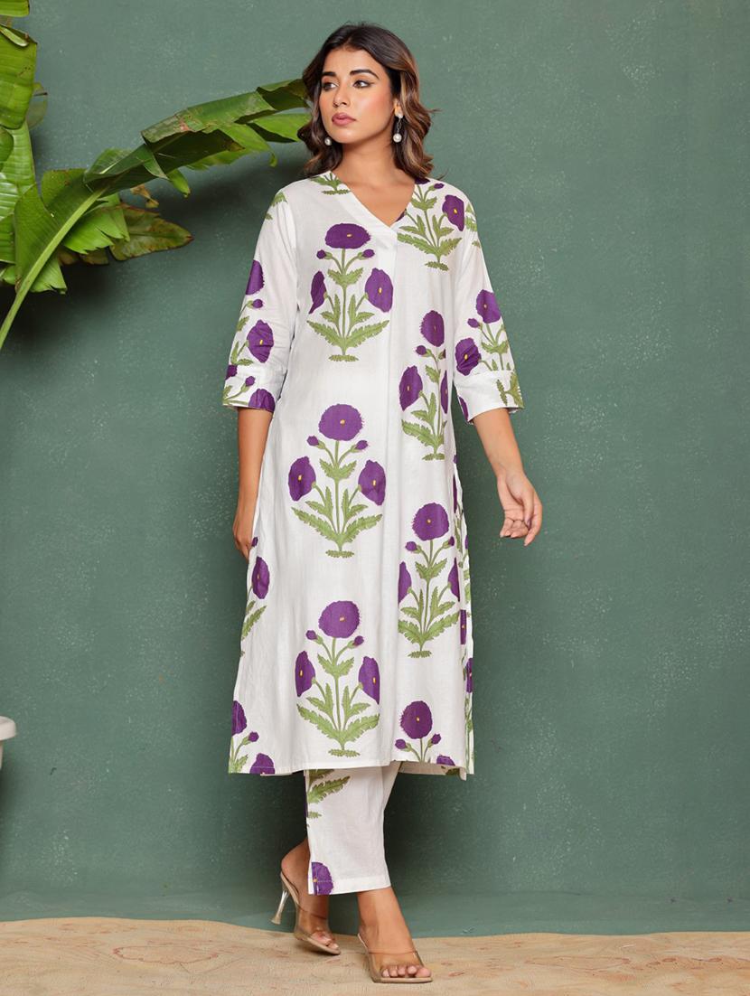 women floral three quarter sleeve kurta pant set - 21969788 - Standard Image - 1