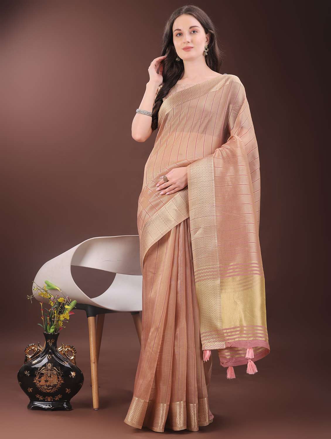 women striped bordered saree with blouse - 21969856 -  Standard Image - 1