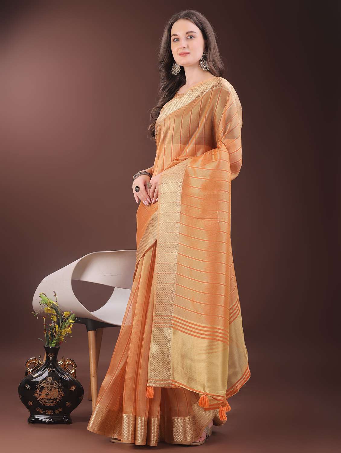 women striped bordered saree with blouse - 21969859 -  Standard Image - 1