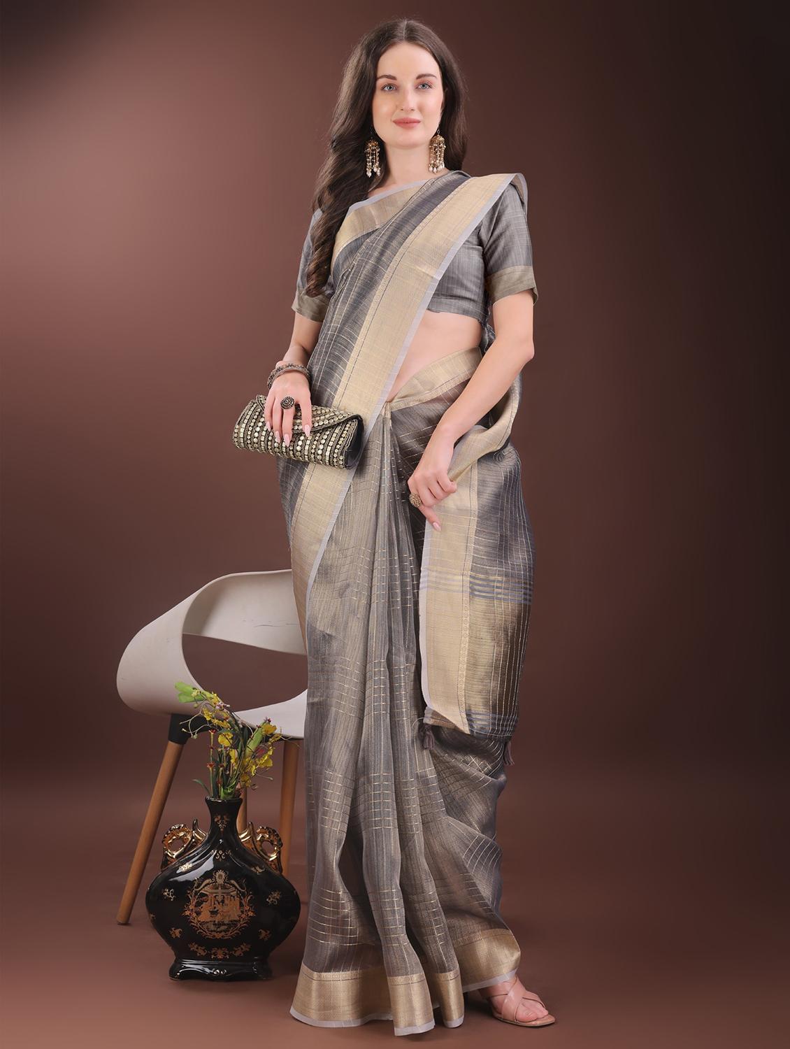 women solid with bordered saree with blouse - 21969902 -  Standard Image - 1