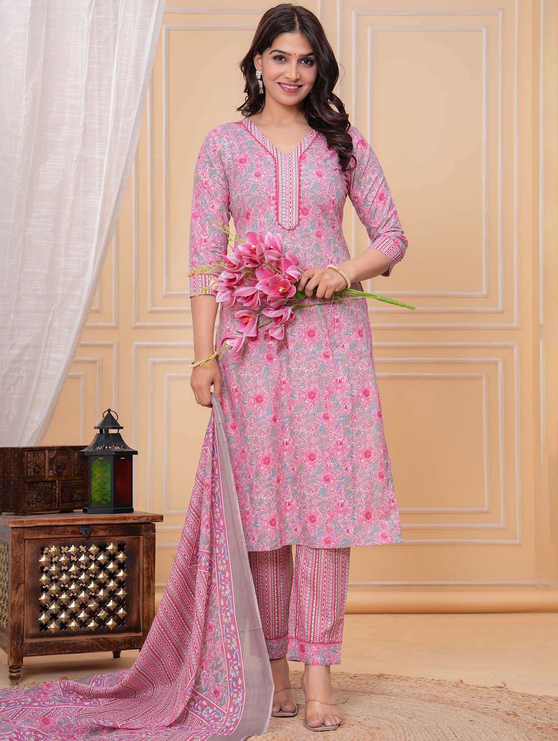 women three quarter sleeve kurta pant with dupatta set - 21969976 -  Standard Image - 1