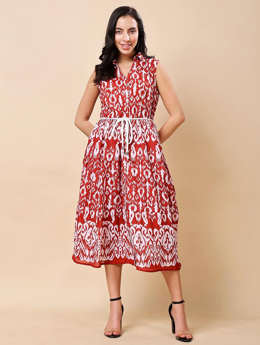 women printed collared sleeveless tiered dress