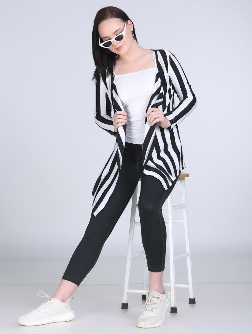 women striped long sleeve asymmetric shrug - 21970022 - Standard Image - 4