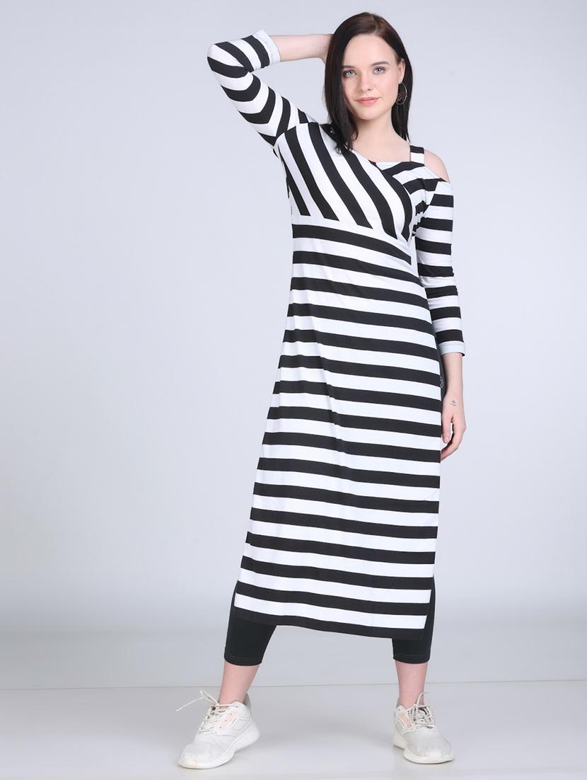 women striped cold shouder long top - 21970024 -  Standard Image - 1