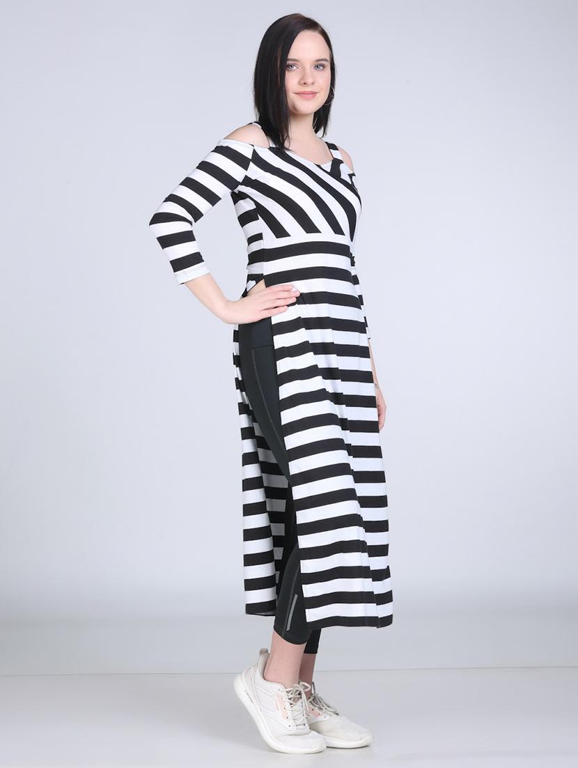 women striped cold shouder long top - 21970024 - Standard Image - 4
