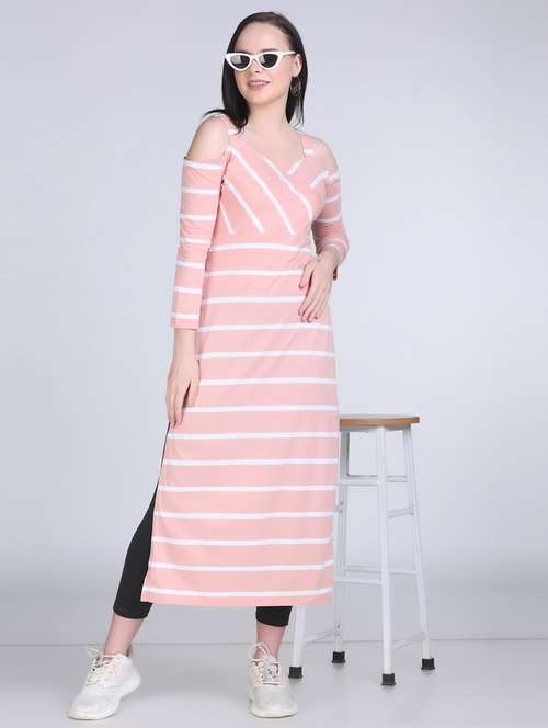 women striped cold shouder long top - 21970025 -  Standard Image - 0