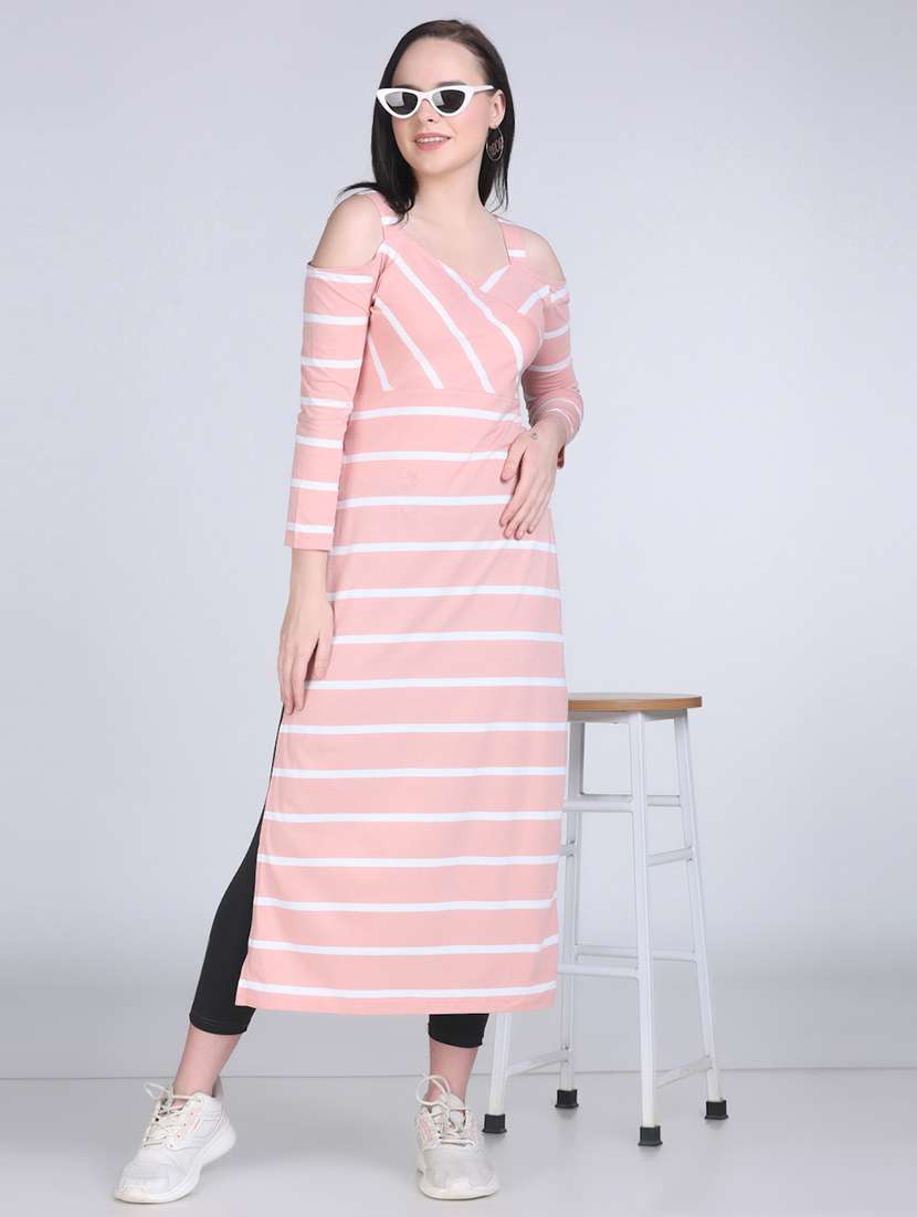 women striped cold shouder long top