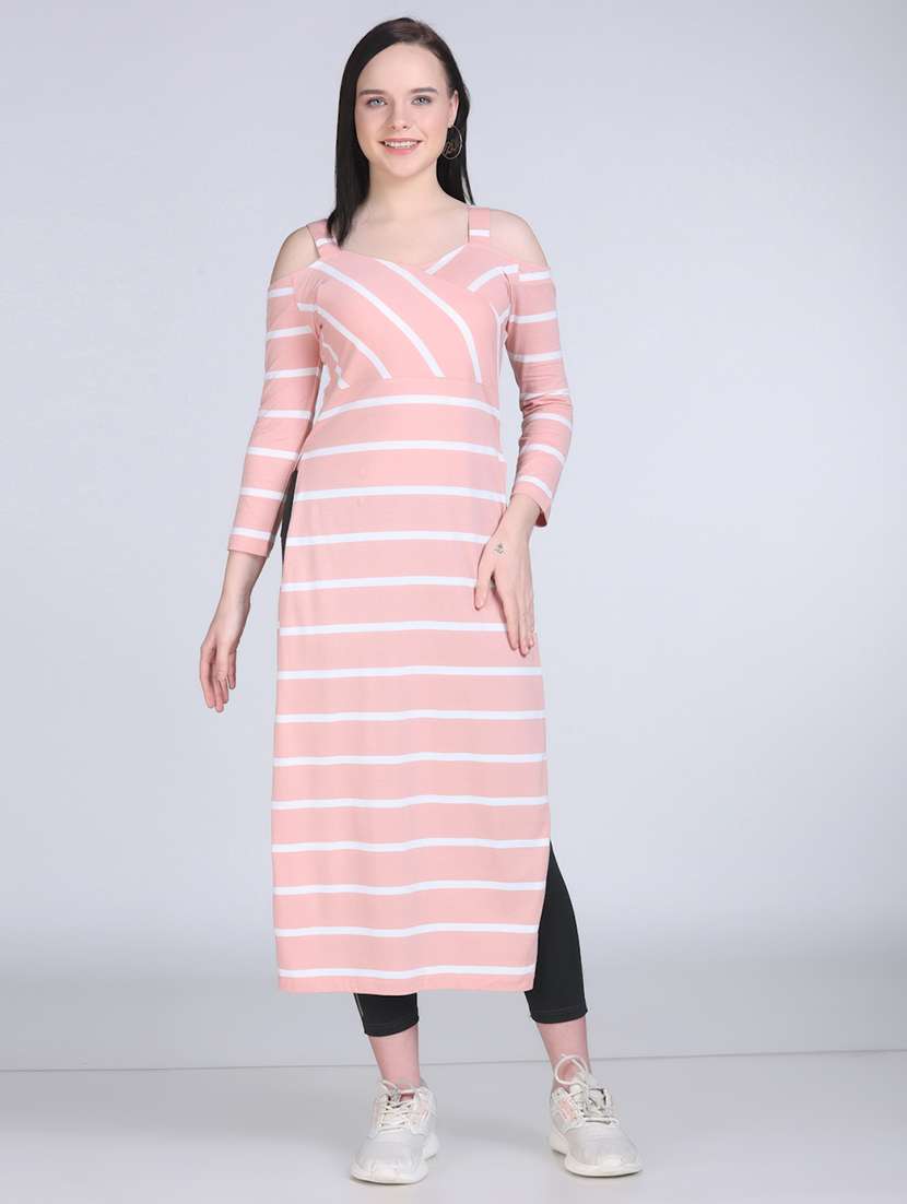 women striped cold shouder long top - 21970025 -  Standard Image - 1