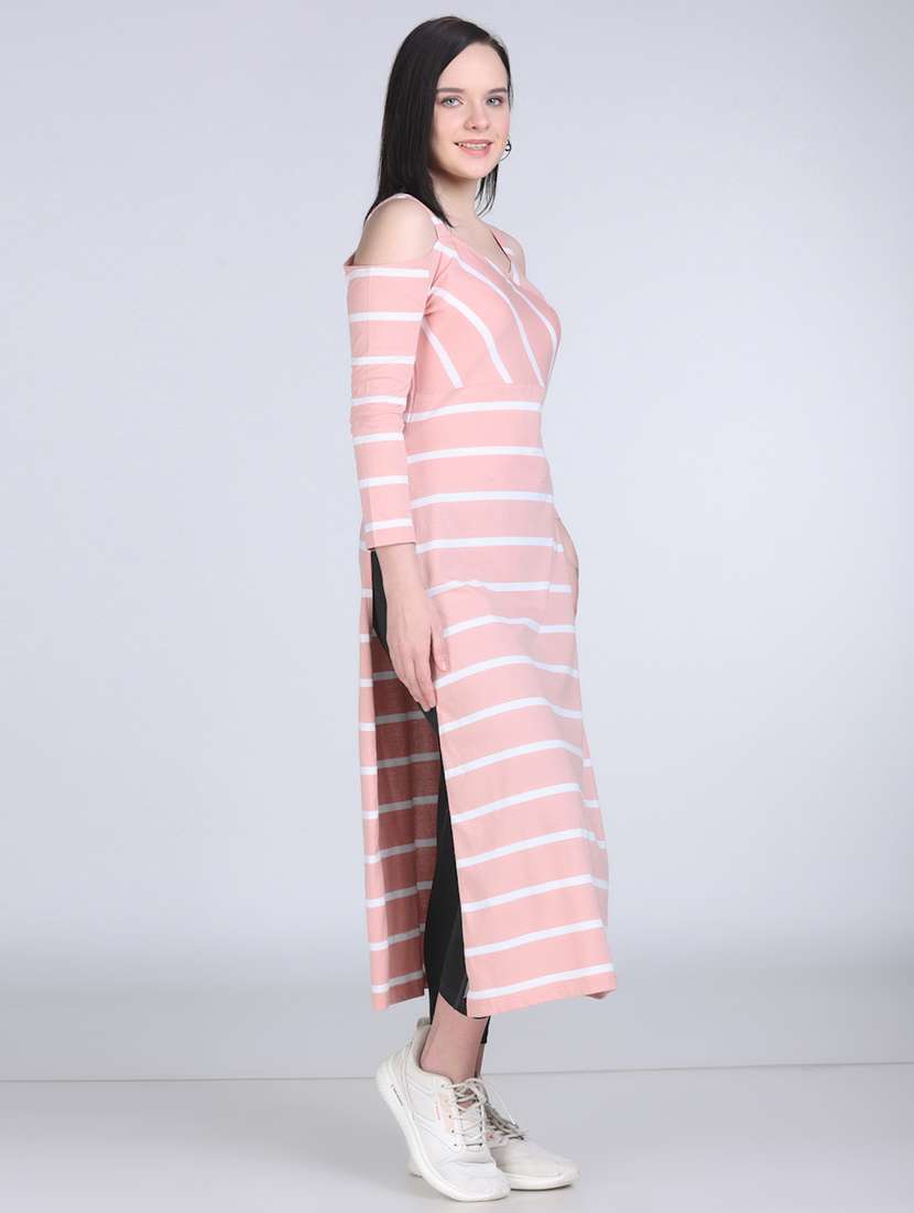 women striped cold shouder long top - 21970025 -  Standard Image - 4