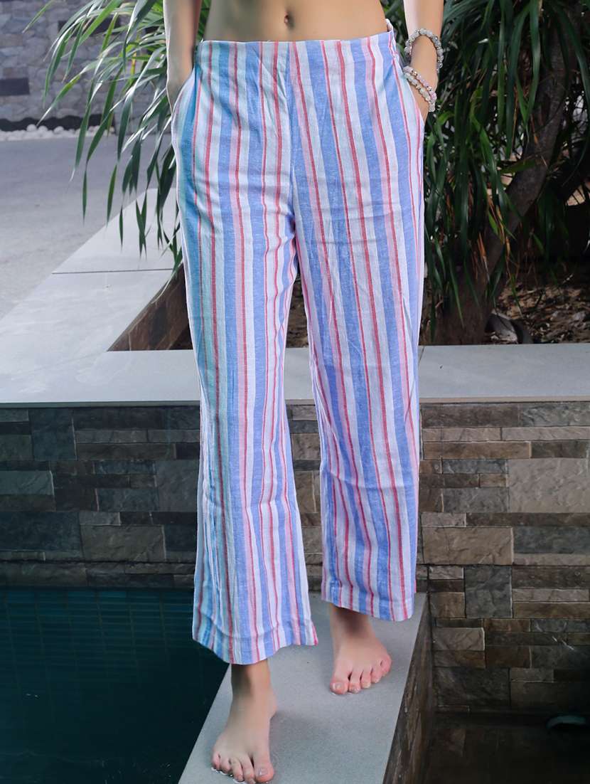 women striped mid rise straight trouser