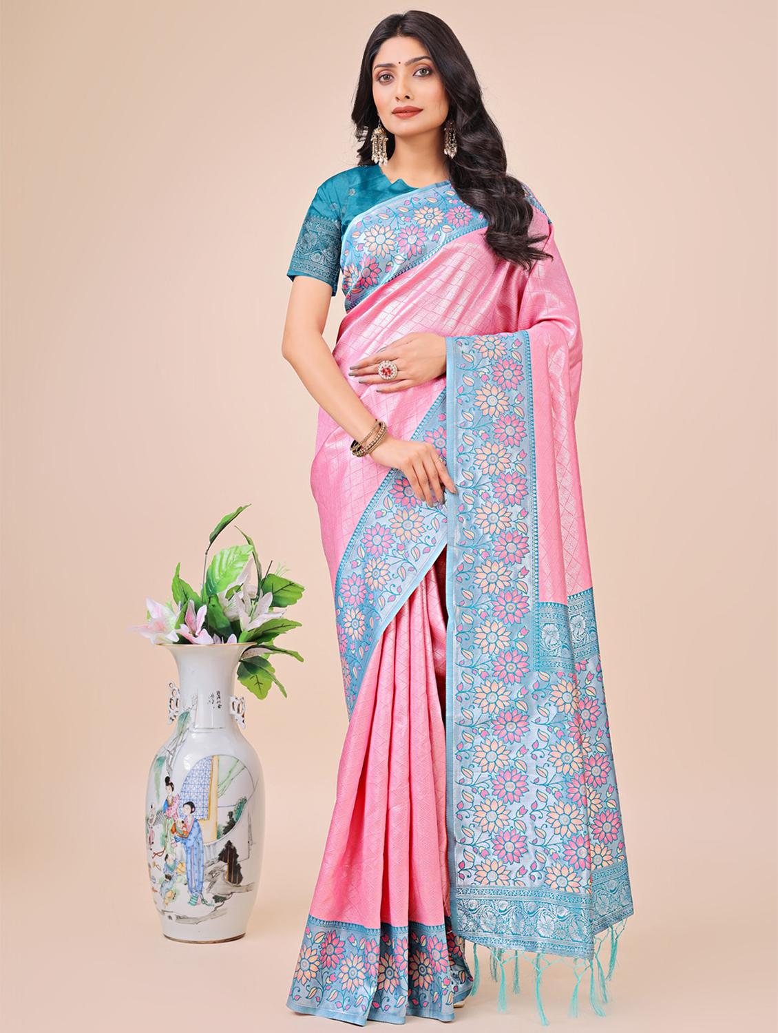 women checkered bordered saree with blouse - 21970114 -  Zoom Image - 0