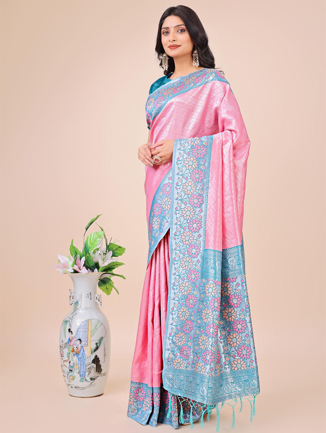 women checkered bordered saree with blouse - 21970114 -  Standard Image - 1