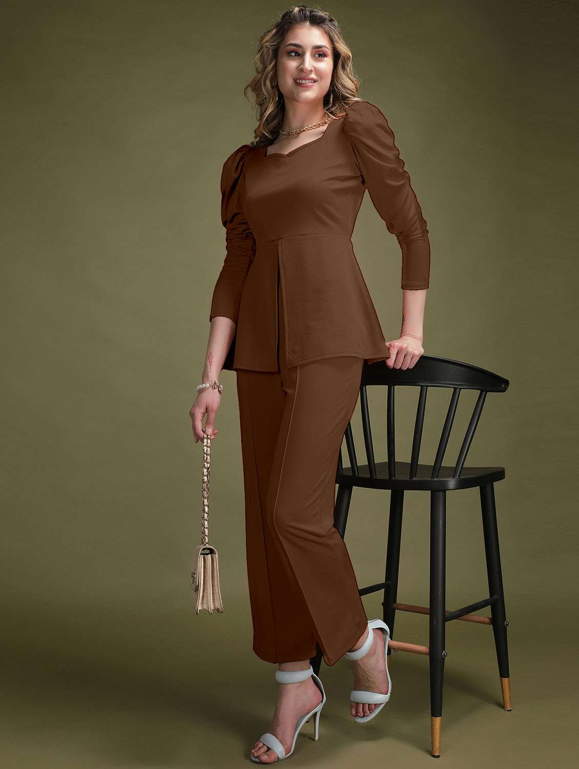 women brown solid top and trouser co-ord set