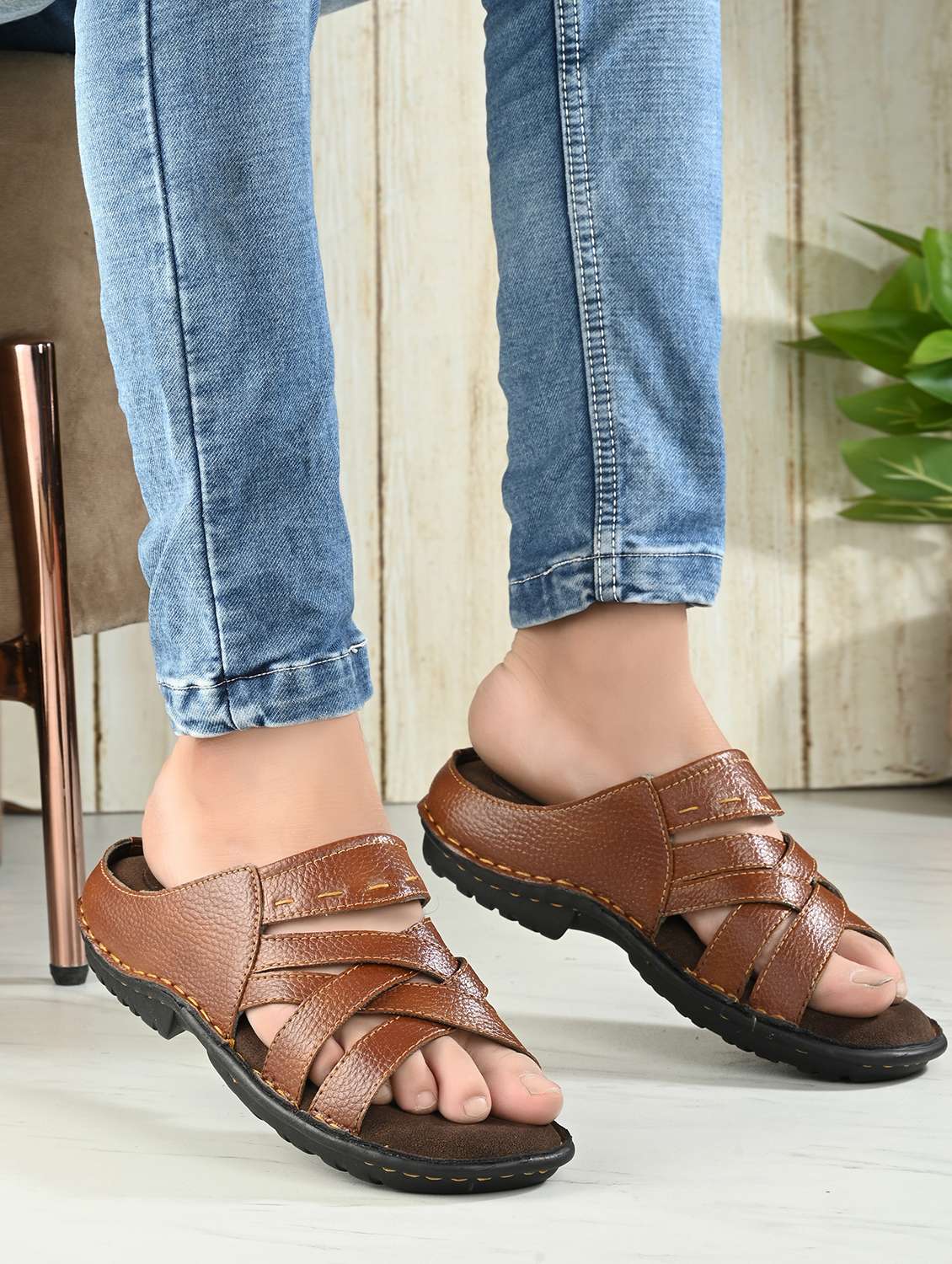 men tan slip on sandal - 21970420 -  Standard Image - 1