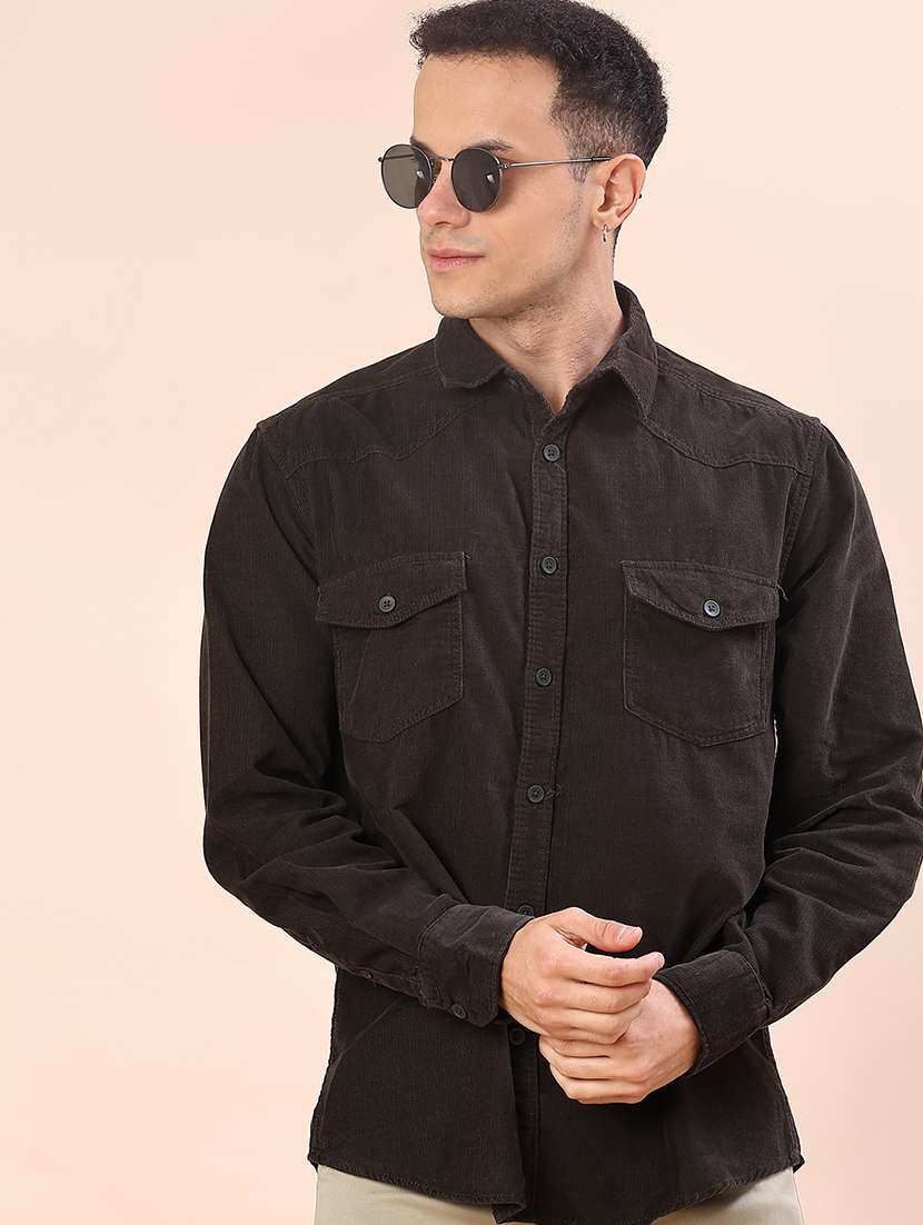 men solid collared long sleeve shacket