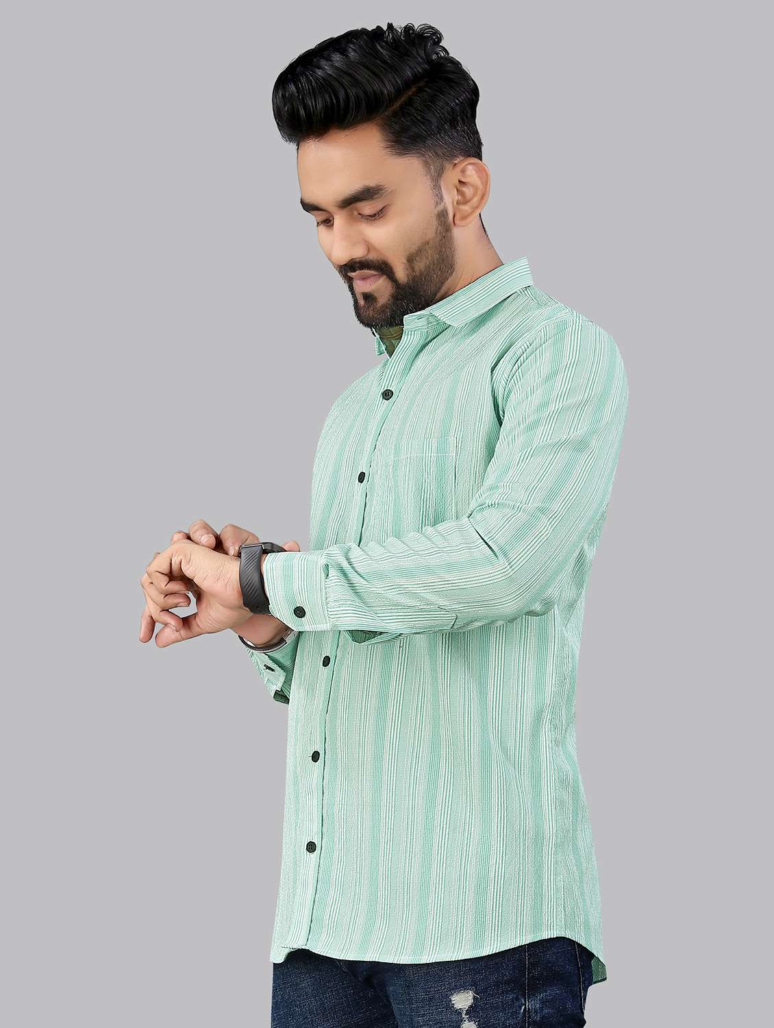green cotton lycra casual shirt - 21970886 -  Standard Image - 1