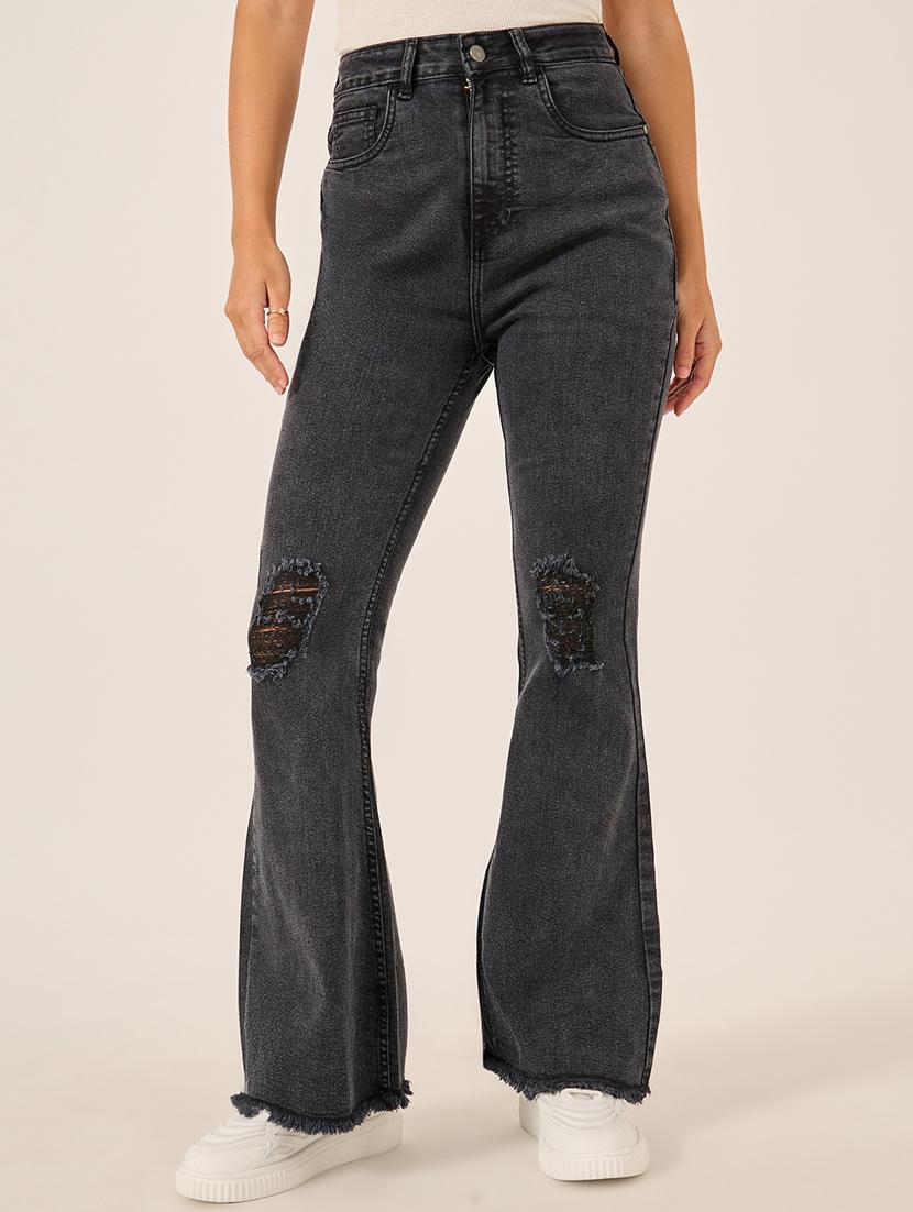 women distressed high rise bootcut jean