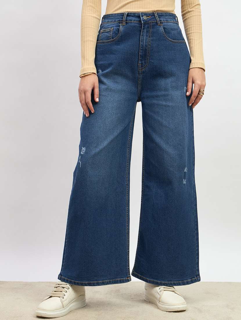 women solid high rise wide leg jean