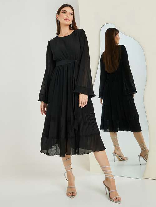 women solid bell sleeve fit & flare dress - 21971054 -  Standard Image - 0